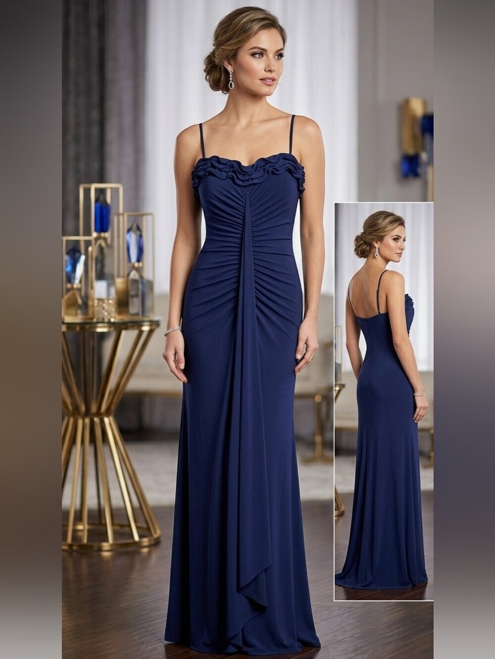 Onyx Nite Navy Blue Jersey Knit Stretch Sweetheart Gown